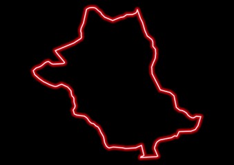 Red glowing neon map of Shemgang Bhutan on black background.
