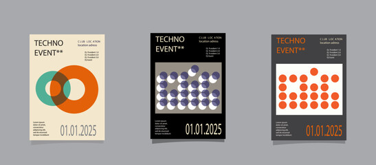 Techno event poster. Vector illustration. Modern concert banner set. 