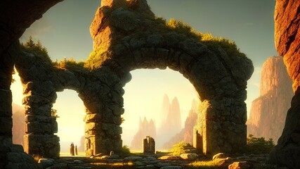 Fantasy landscape with stone ruins at a beautiful sunset. Ancient stone fantasy magic portal, passage to the unreal world. Mountains and sun rays, shadows, stone path up. 3D illustration.