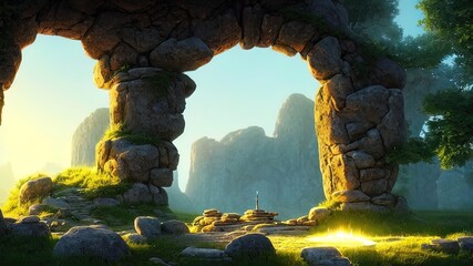 Fototapeta Fantasy landscape with stone ruins at a beautiful sunset. Ancient stone fantasy magic portal, passage to the unreal world. Mountains and sun rays, shadows, stone path up. 3D illustration. obraz