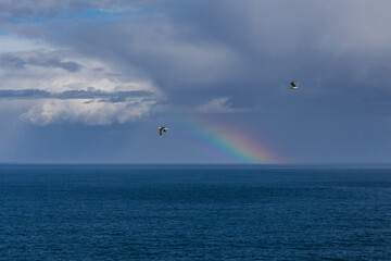 Beautiful landscape with blue sea with a rainbow at sunset.