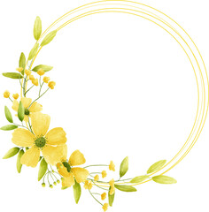 Circle frame yellow flower floral watercolor with gold circle.