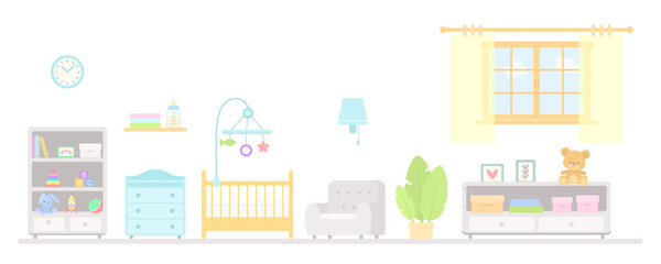 Fototapeta premium Cute furniture for nursery. Home interior concept. Vector illustration. Cartoon flat style