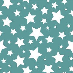 Seamless abstract pattern with white stars of different rotation and size. Light green blue background. Nice and colorful Vector illustration. Cosmos texture