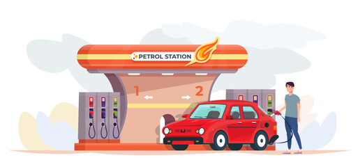 Customer filling up the car with fuel holding a pump at the petrol station. Flat vector illustration. - obrazy, fototapety, plakaty