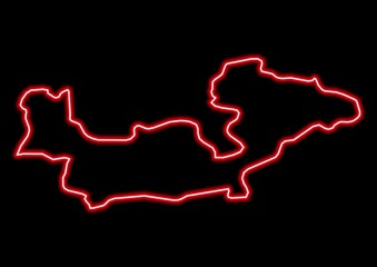 Fototapeta na wymiar Red glowing neon map of Sondrio Italy on black background.