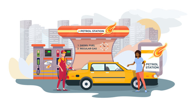 Petrol station attendant filling up customer’s car. Service.  Oil and gas, fuel. Flat vector illustration.
