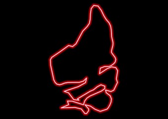 Red glowing neon map of South Andros The Bahamas on black background.