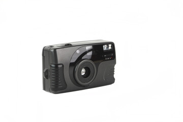 Old automatic film camera on white background.