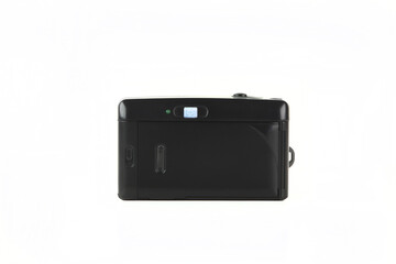 Old automatic film camera on white background.