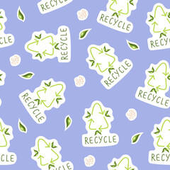 Pattern with recycles symbol. Hand-drawn illustration. Environment protection, sustainability concept. Vector.