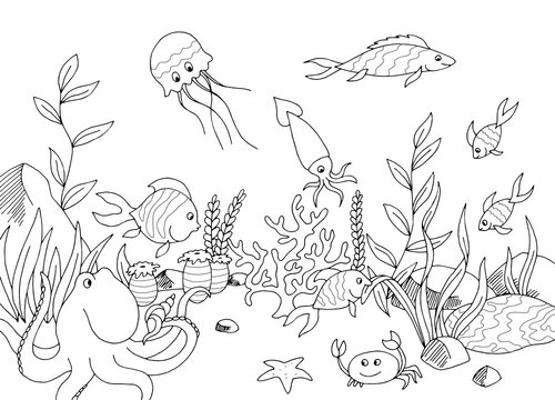 Funny fish underwater graphic sea black white sketch illustration vector 