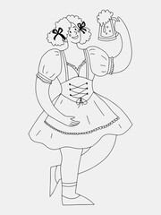 A girl dressed in Dirndl is holding a large mug of beer. Black and white vector outline illustration for Octoberfest.