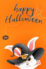 Cute cartoon funny Bunny in witch hat on the orange background with text Happy Halloween and little spider with web.