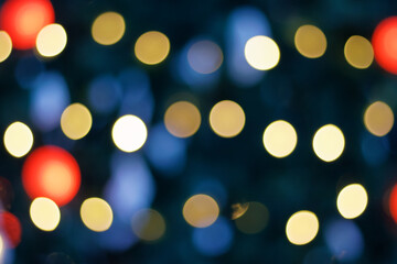 Christmas tree lights bokeh, blurred backdrop