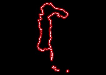 Red glowing neon map of Sulawesi Selatan Indonesia on black background.