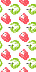 Colorful apples background. Png apple seamless pattern with fruit hand drawn pencil illustration for vegan banner, juice, baby food packaging, jam label design. Color fruits backdrop. Cider badge.
