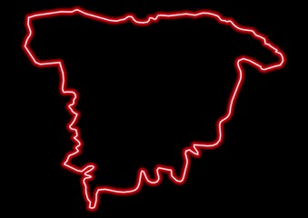 Red glowing neon map of Sylhet Bangladesh on black background.