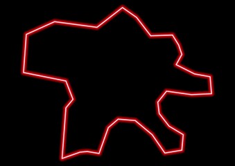 Red glowing neon map of Szeged Hungary on black background.