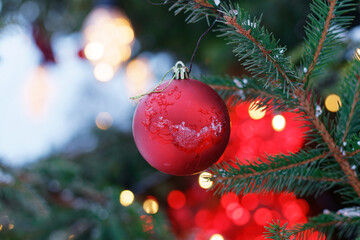 Snow covered pine branch with christmas ball, xmas decoration