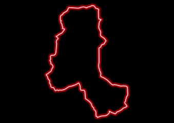 Red glowing neon map of Takhar Afghanistan on black background.