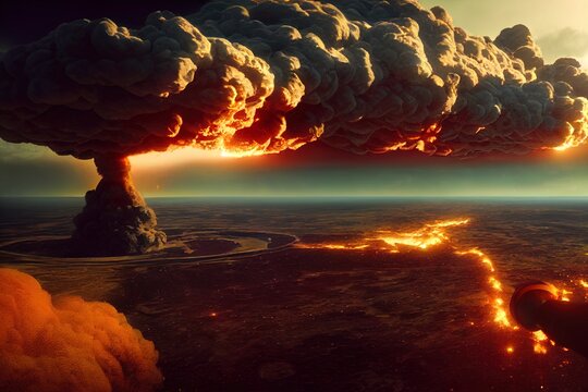 Huge nuclear explosion. 3D render of a bomb with a mushroom cloud. Catastrophic nucelar war. Bombing of a city, planet earth.  Atomic bomb exploding. Radioactive cloud. Flames and black smoke. 