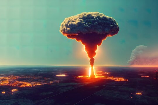 Huge nuclear explosion. 3D render of a bomb with a mushroom cloud. Catastrophic nucelar war. Bombing of a city, planet earth.  Atomic bomb exploding. Radioactive cloud. Flames and black smoke. 