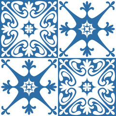 Azulejo ceramic tiles retro motif, blue indigo geometric vector Illustration
