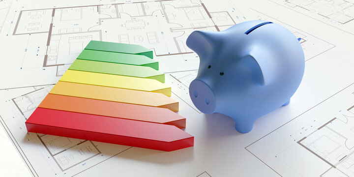 Energy efficiency saving. Energy save building construction. Energy efficiency chart and piggy bank on drawing