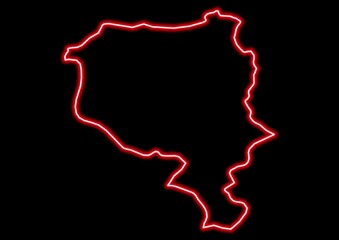 Red glowing neon map of Ticino Switzerland on black background.