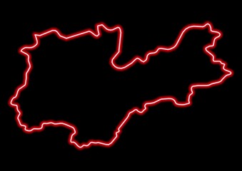 Red glowing neon map of Trento Italy on black background.