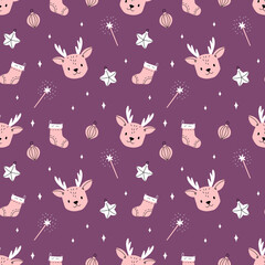 Christmas seamless pattern with kawaii deer. New year illustration in flat style. Vector background for wrapping paper, banners, web, scrapbooking and other holiday design