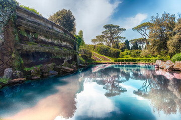 Fototapeta na wymiar Scenic big fountain in the EUR district of Rome, Italy