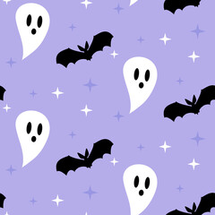 Fototapeta premium Halloween pattern with ghost and bat.