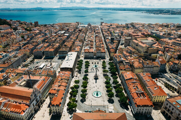 Aerial drone view of Baixa District in Lisbon, Portugal