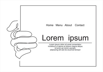 Hand holds paper sheet, one line art, hand drawn continuous contour. Document, blank sheet, announcement.