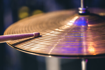 Close up of a drum cymbal, part of a drum kit copy space. © puhimec