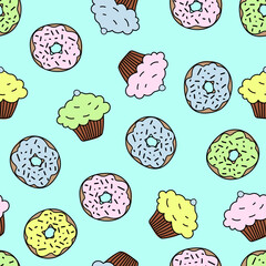 Seamless pattern with colored donuts and cupcakes, hand draw illustration with blue isolated background