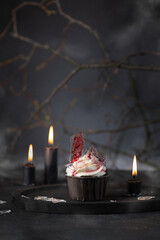 Halloween cupcake with buttercream, artificial glass and blood. Halloween muffin. Halloween creative food.