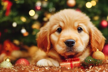 golden retriever puppy with christmas decorations - obrazy, fototapety, plakaty