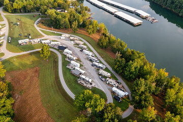 Aerial drone view of an RV motor home camp site, marina boat storage and camp grounds on Tims Ford Lake