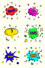 Comic speech bubble set with text boom, oops, sound expression of emotion bang, omg. Hand drawn retro cartoon explosions stickers.
