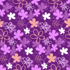 Cute seamless pattern on purple lilac background, flower heart leaf pastel color, vector illustration for textile and wrapping paper