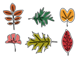 Autumn colorful leaves, line illustration