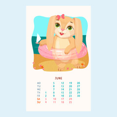 Calendar for 2023 with cute Bunny. Kitten in inflatable circle floating at swimming pool. Pets. Furry friends. Calendar for June in cartoon style. Vector illustration.