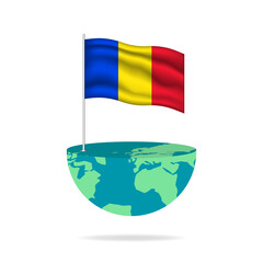 Romania flag pole on globe. Flag waving around the world. Easy editing and vector in groups. National flag vector illustration on white background.