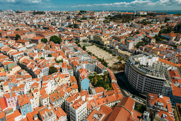 Aerial drone view of Martim Moniz neighbourhood in central Lisbon, Portugal