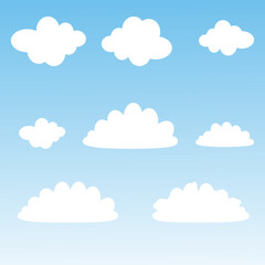 Vector illustration with a collection of white clouds on a blue background in cartoon style.
