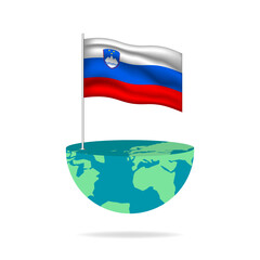Slovenia flag pole on globe. Flag waving around the world. Easy editing and vector in groups. National flag vector illustration on white background.