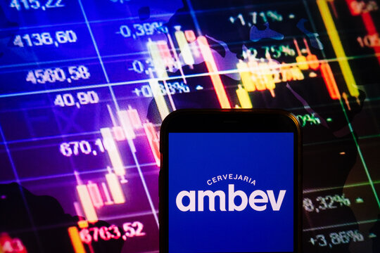 KONSKIE, POLAND - August 30, 2022: Smartphone displaying logo of Ambev company on stock exchange chart background